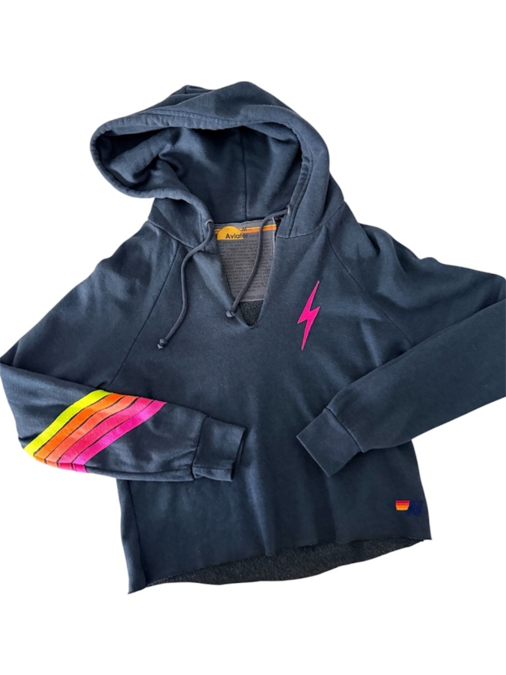 Aviator Nation Charcoal Neon Stripe Bolt Cropped Hoodie, Size M - Picture 3 of 9